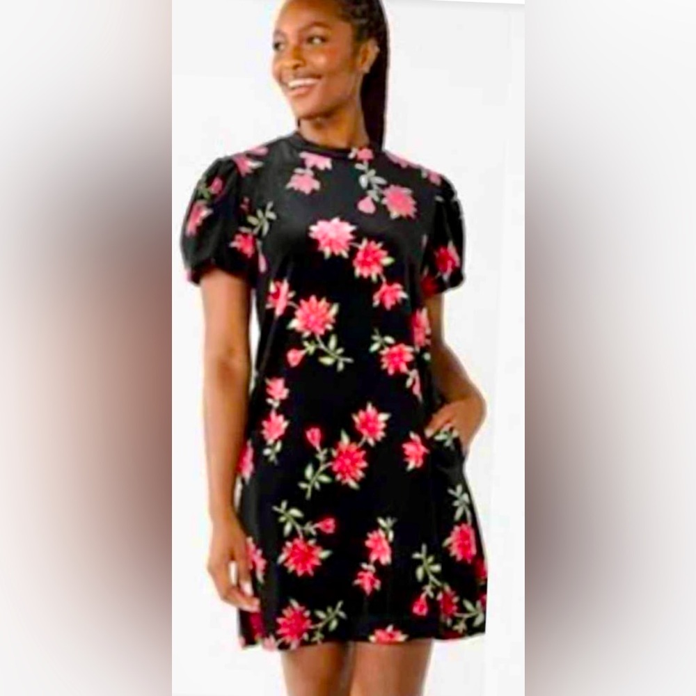 Draper James RSVP Puff Sleeves Mock Neck Black Velvet Floral Shift Dress